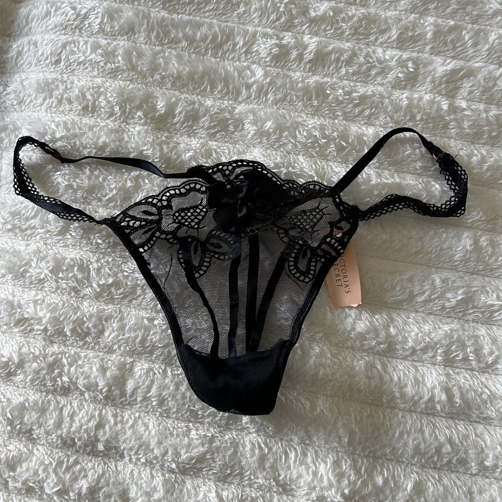 victorias secret elegant black thong nwt sz L